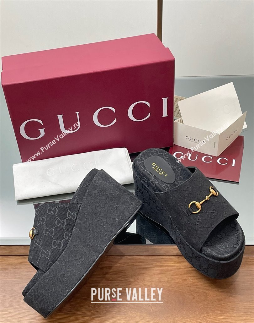 Gucci GG Canvas Wedge Slides Sandal 12cm with Horsebit Black 2025 816328 (MD-250423090)
