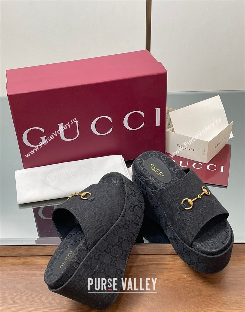 Gucci GG Canvas Wedge Slides Sandal 12cm with Horsebit Black 2025 816328 (MD-250423090)