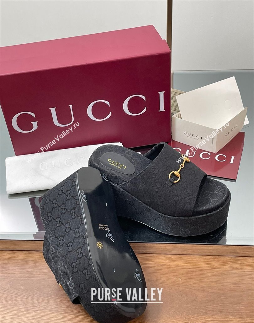 Gucci GG Canvas Wedge Slides Sandal 12cm with Horsebit Black 2025 816328 (MD-250423090)
