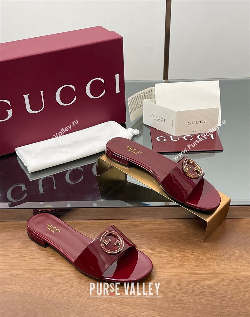 Gucci Patent Leather Round Interlocking G Flat Slides Sandal Dark Burgundy 2025 820860 (MD-250423023)
