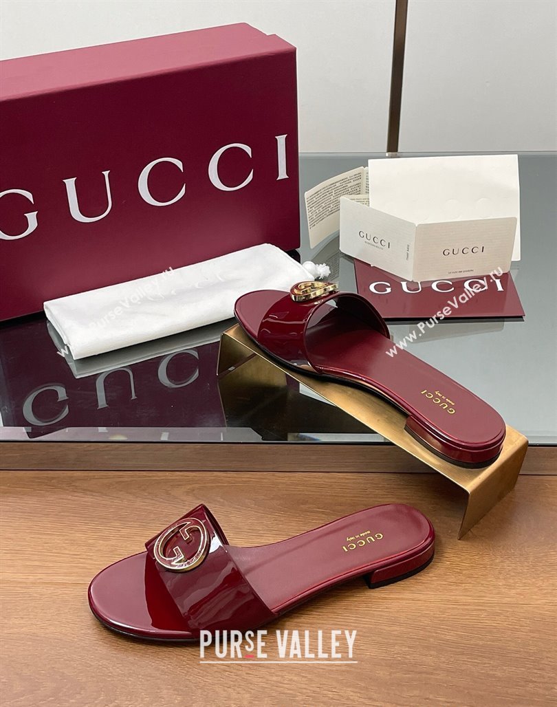 Gucci Patent Leather Round Interlocking G Flat Slides Sandal Dark Burgundy 2025 820860 (MD-250423023)