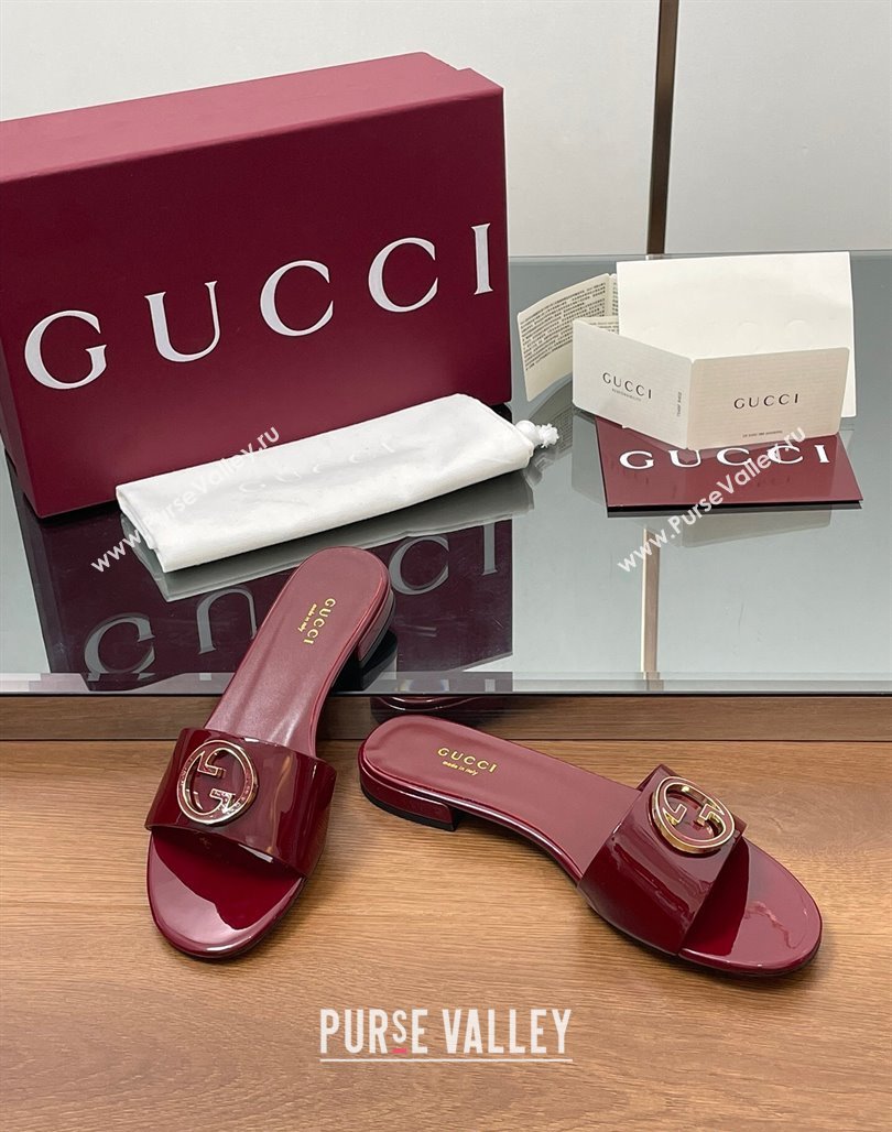 Gucci Patent Leather Round Interlocking G Flat Slides Sandal Dark Burgundy 2025 820860 (MD-250423023)