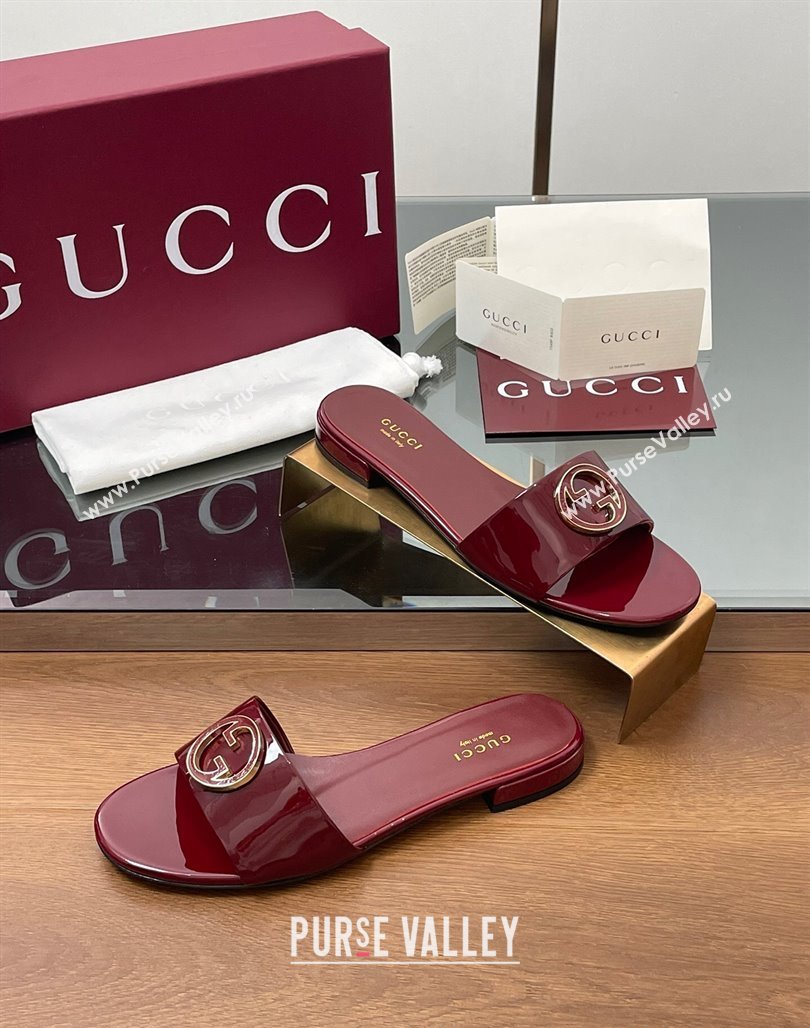 Gucci Patent Leather Round Interlocking G Flat Slides Sandal Dark Burgundy 2025 820860 (MD-250423023)