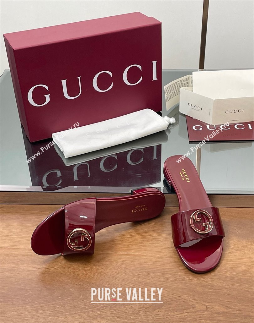 Gucci Patent Leather Round Interlocking G Flat Slides Sandal Dark Burgundy 2025 820860 (MD-250423023)