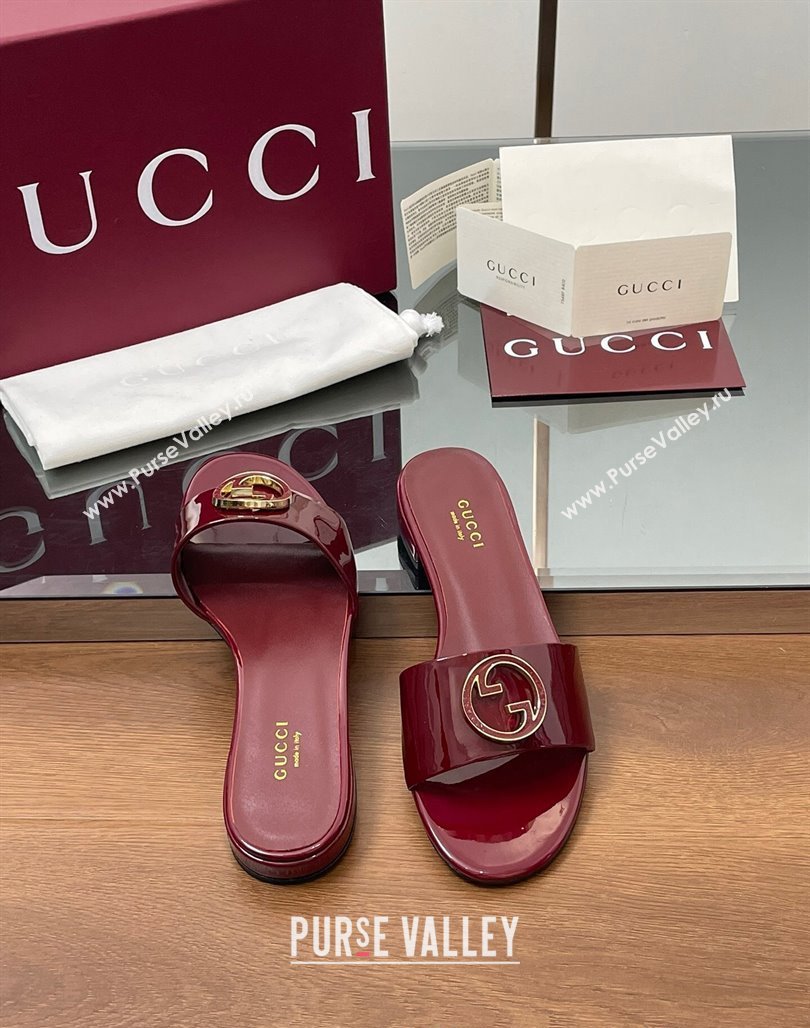 Gucci Patent Leather Round Interlocking G Flat Slides Sandal Dark Burgundy 2025 820860 (MD-250423023)