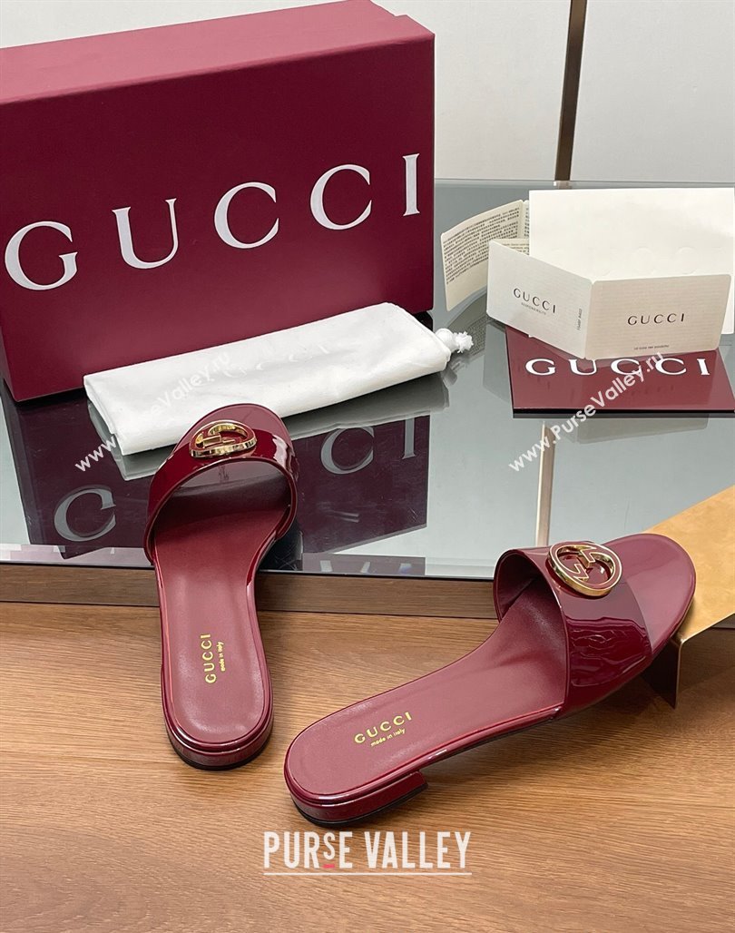Gucci Patent Leather Round Interlocking G Flat Slides Sandal Dark Burgundy 2025 820860 (MD-250423023)