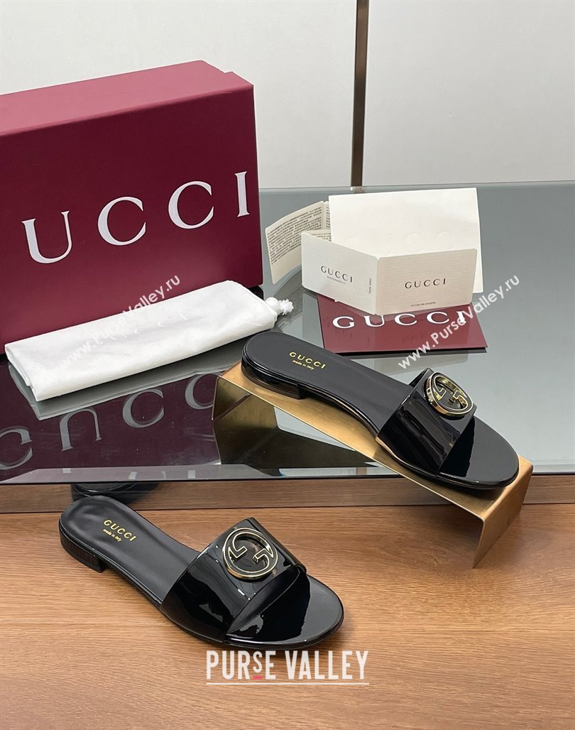 Gucci Patent Leather Round Interlocking G Flat Slides Sandal Black 2025 820860 (MD-250423024)