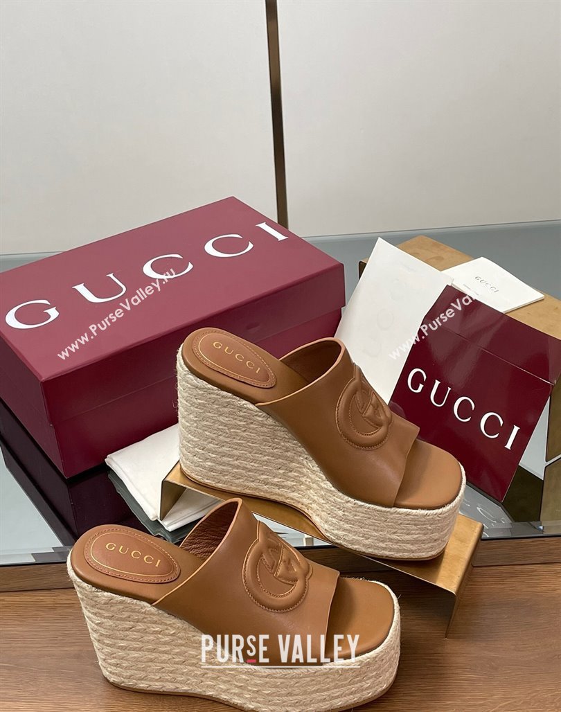Gucci Leather Interlocking G Wedge Slides Sandal 11cm Brown 2025 817212 (MD-250423009)