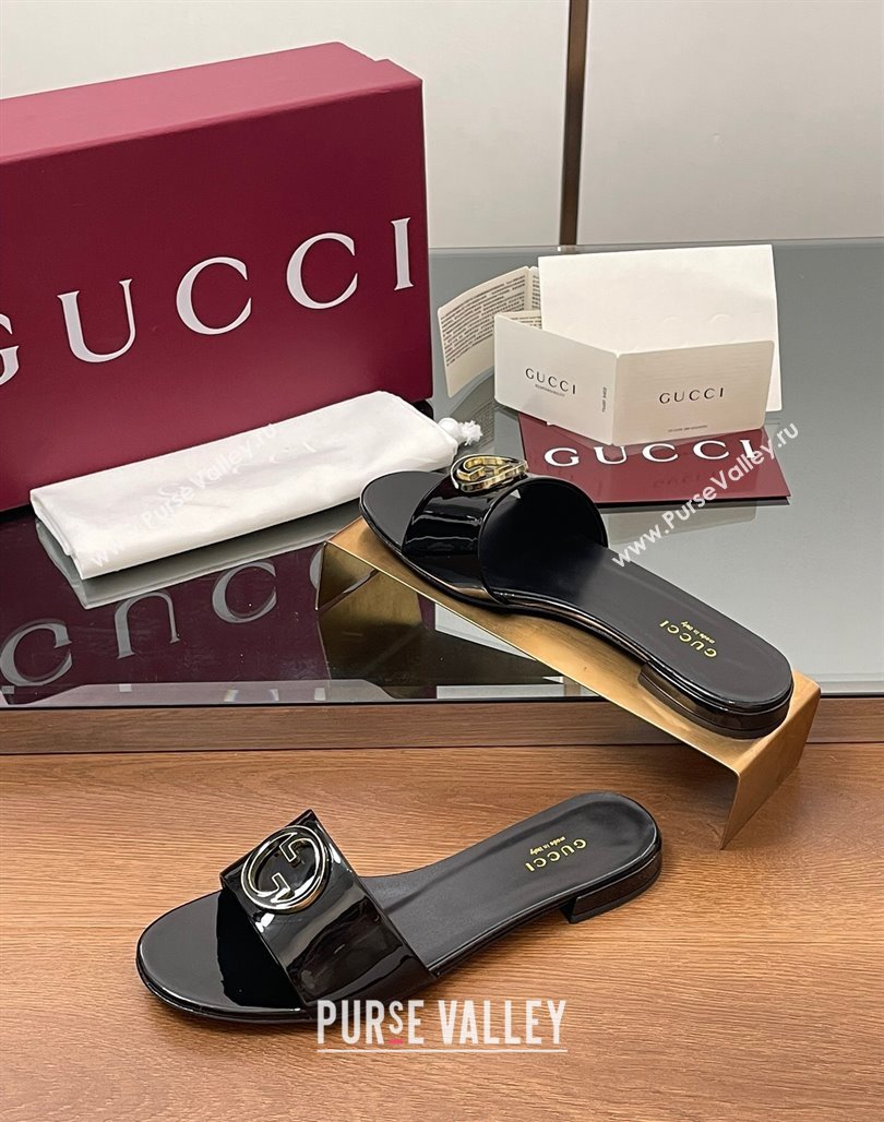 Gucci Patent Leather Round Interlocking G Flat Slides Sandal Black 2025 820860 (MD-250423024)