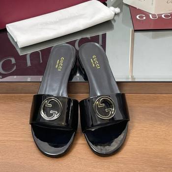 Gucci Patent Leather Round Interlocking G Flat Slides Sandal Black 2025 820860 (MD-250423024)
