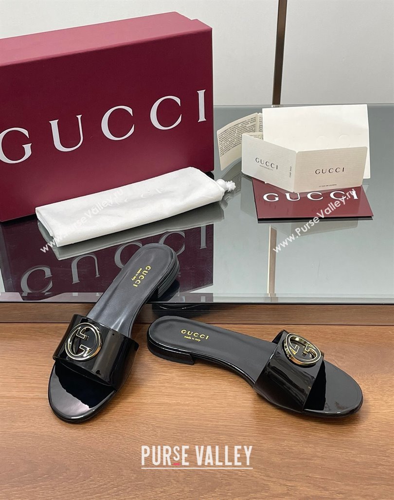 Gucci Patent Leather Round Interlocking G Flat Slides Sandal Black 2025 820860 (MD-250423024)