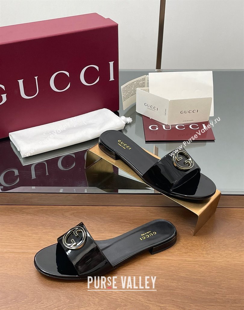 Gucci Patent Leather Round Interlocking G Flat Slides Sandal Black 2025 820860 (MD-250423024)