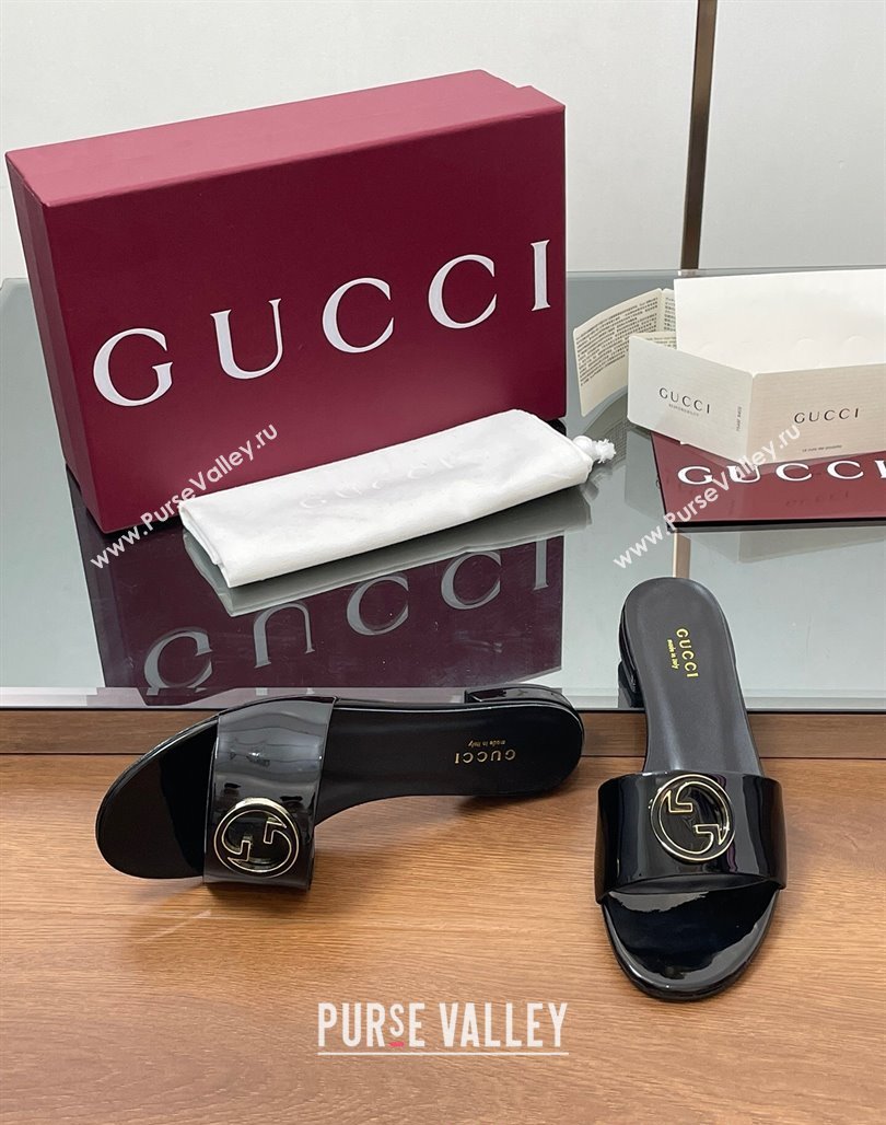 Gucci Patent Leather Round Interlocking G Flat Slides Sandal Black 2025 820860 (MD-250423024)