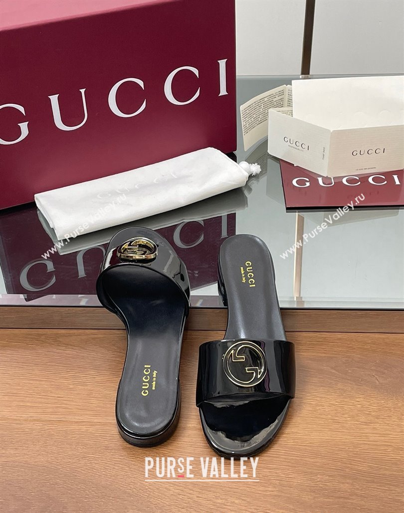 Gucci Patent Leather Round Interlocking G Flat Slides Sandal Black 2025 820860 (MD-250423024)