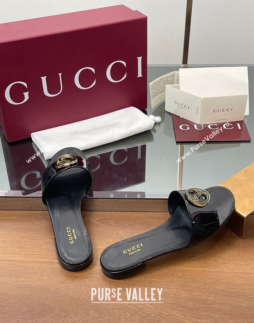 Gucci Patent Leather Round Interlocking G Flat Slides Sandal Black 2025 820860 (MD-250423024)