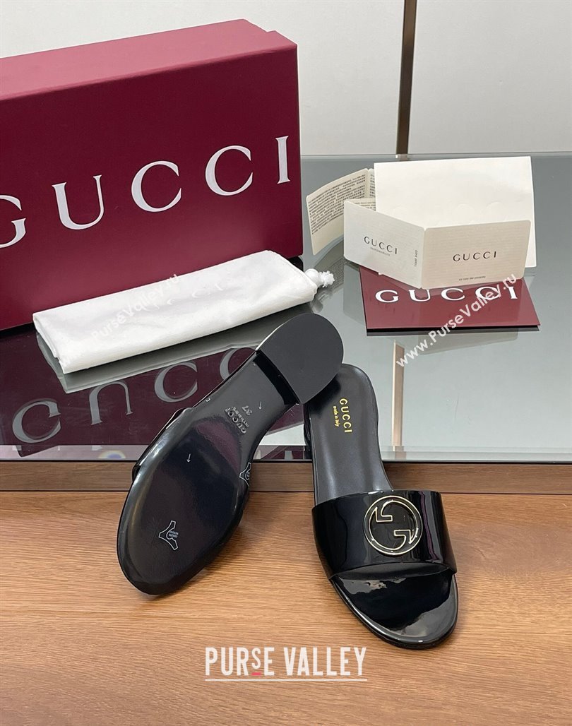 Gucci Patent Leather Round Interlocking G Flat Slides Sandal Black 2025 820860 (MD-250423024)