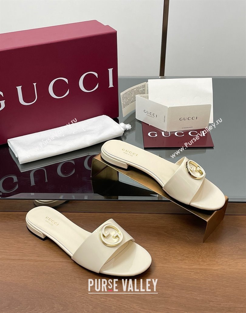 Gucci Patent Leather Round Interlocking G Flat Slides Sandal Ivory White 2025 820860 (MD-250423025)