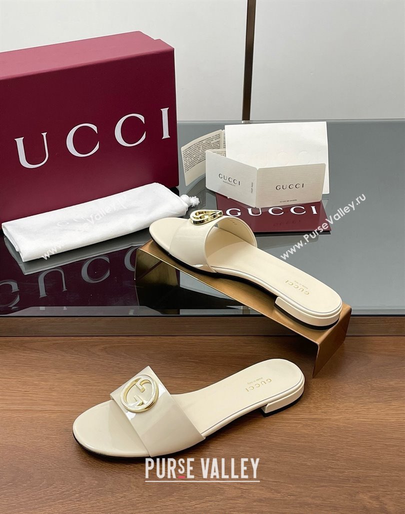Gucci Patent Leather Round Interlocking G Flat Slides Sandal Ivory White 2025 820860 (MD-250423025)