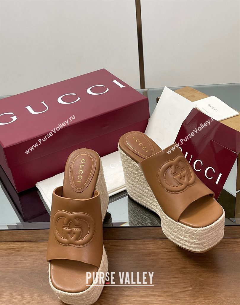 Gucci Leather Interlocking G Wedge Slides Sandal 11cm Brown 2025 817212 (MD-250423009)