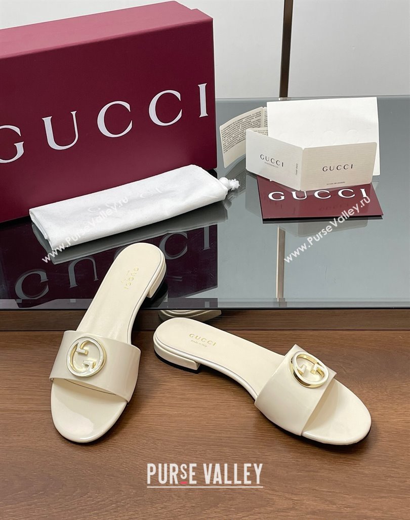 Gucci Patent Leather Round Interlocking G Flat Slides Sandal Ivory White 2025 820860 (MD-250423025)
