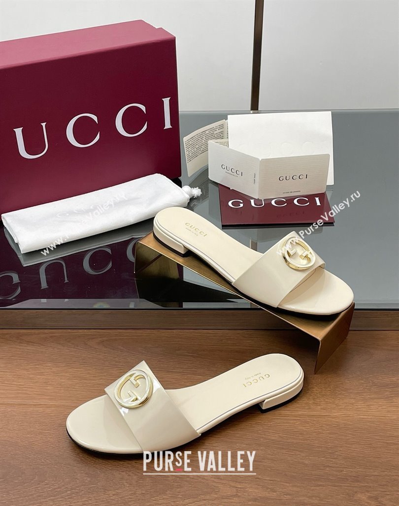 Gucci Patent Leather Round Interlocking G Flat Slides Sandal Ivory White 2025 820860 (MD-250423025)