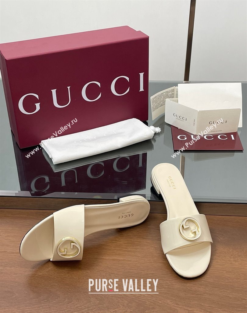 Gucci Patent Leather Round Interlocking G Flat Slides Sandal Ivory White 2025 820860 (MD-250423025)