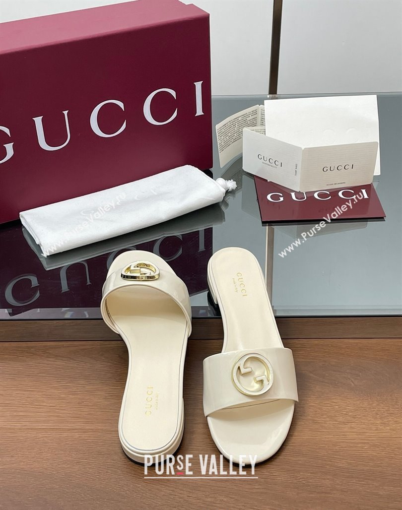 Gucci Patent Leather Round Interlocking G Flat Slides Sandal Ivory White 2025 820860 (MD-250423025)