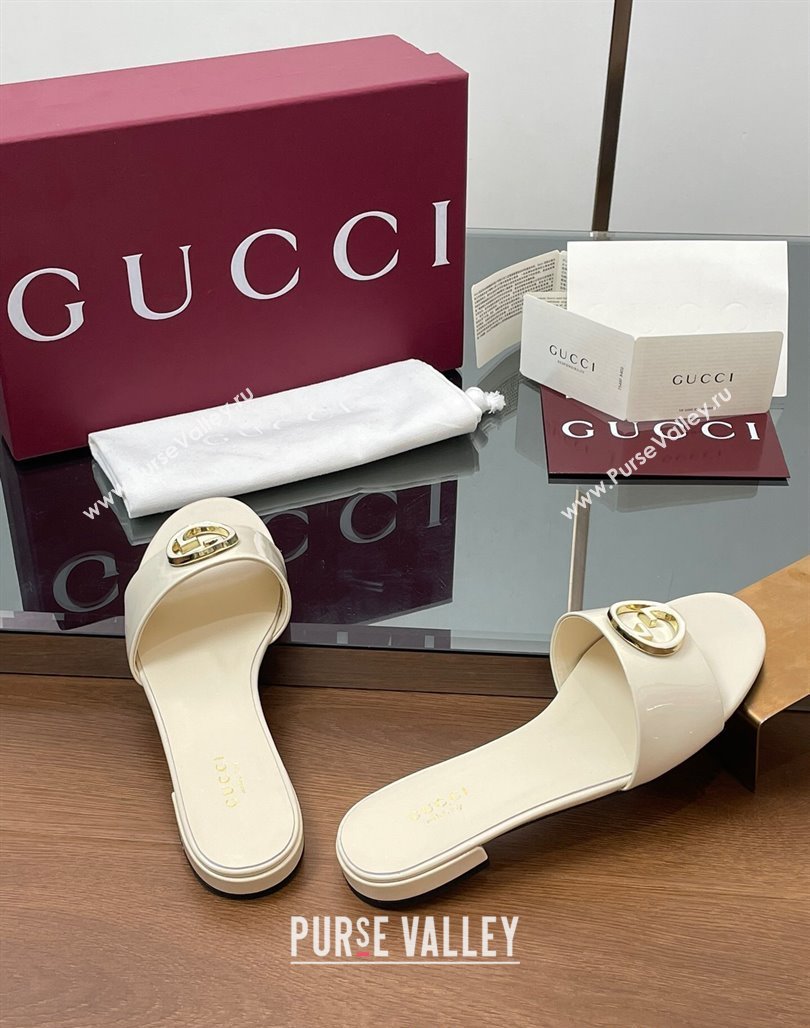 Gucci Patent Leather Round Interlocking G Flat Slides Sandal Ivory White 2025 820860 (MD-250423025)