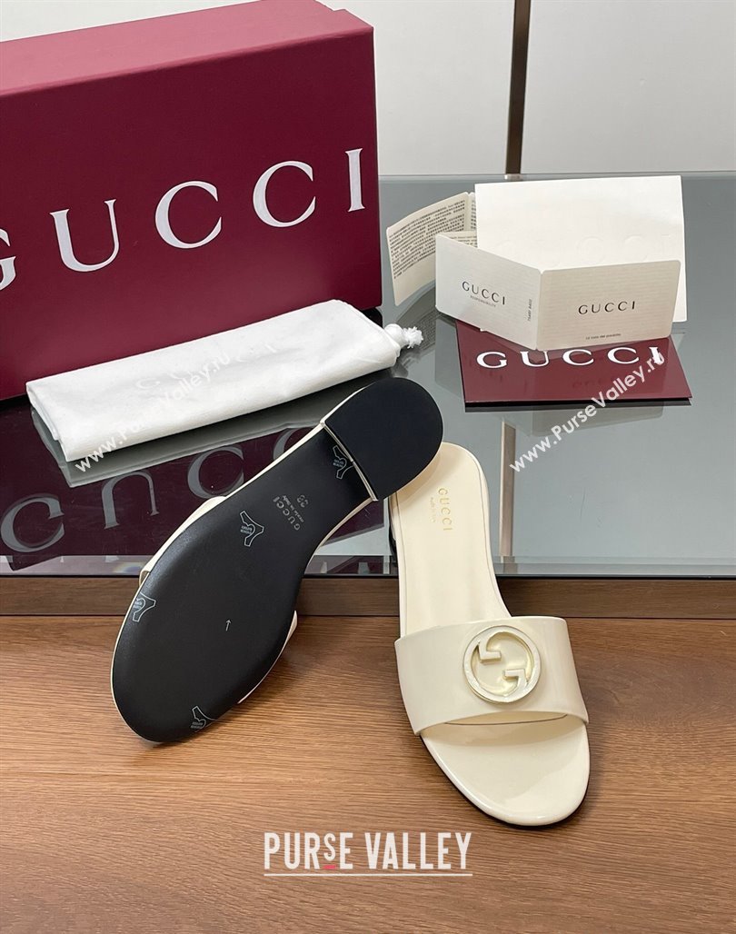 Gucci Patent Leather Round Interlocking G Flat Slides Sandal Ivory White 2025 820860 (MD-250423025)