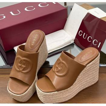 Gucci Leather Interlocking G Wedge Slides Sandal 11cm Brown 2025 817212 (MD-250423009)