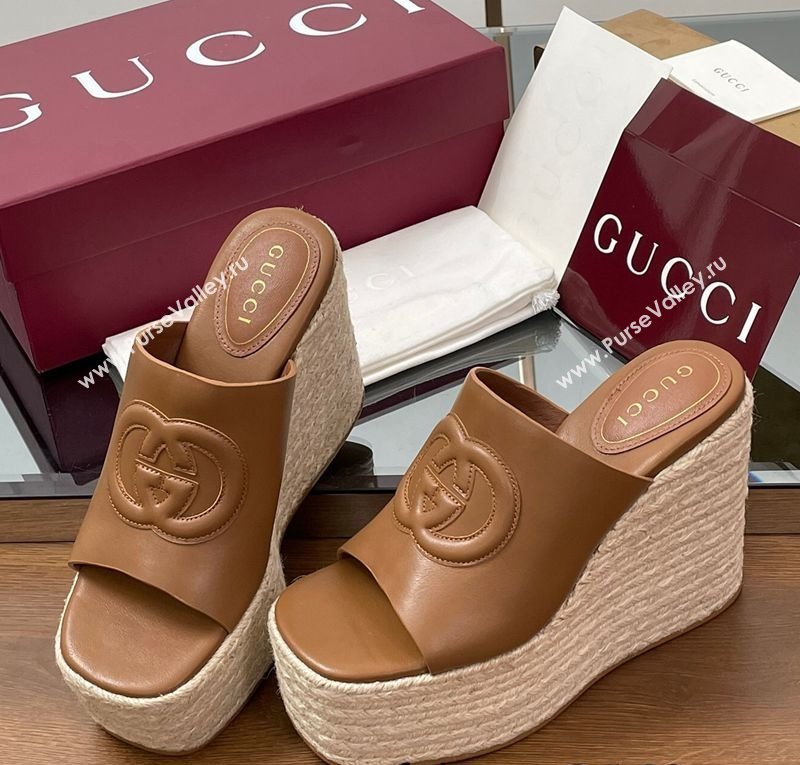 Gucci Leather Interlocking G Wedge Slides Sandal 11cm Brown 2025 817212 (MD-250423009)
