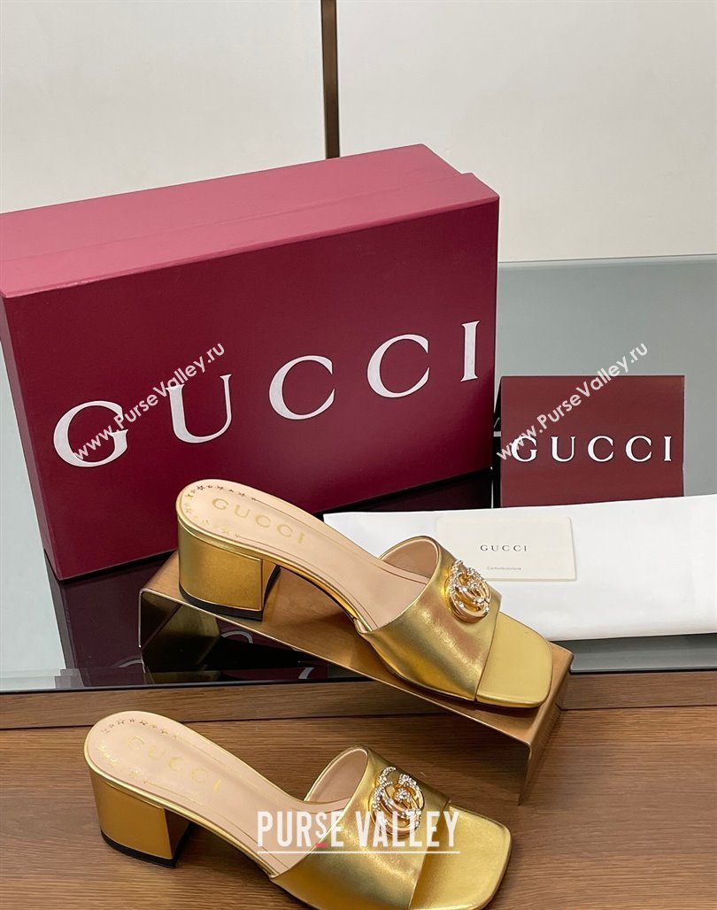 Gucci Leather Heel Slides Sandal 5.5cm with Strass Double G Yellow Gold 2025 817257 (MD-250423033)