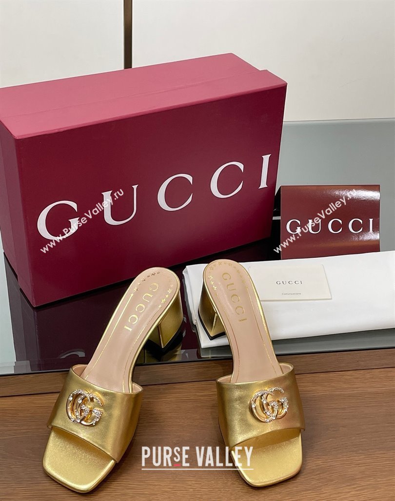 Gucci Leather Heel Slides Sandal 5.5cm with Strass Double G Yellow Gold 2025 817257 (MD-250423033)