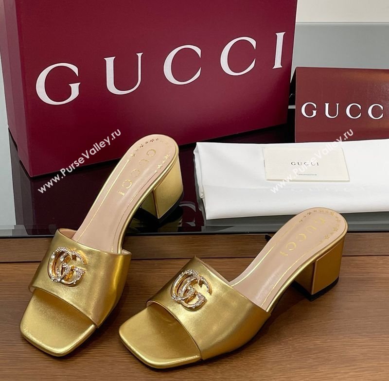 Gucci Leather Heel Slides Sandal 5.5cm with Strass Double G Yellow Gold 2025 817257 (MD-250423033)