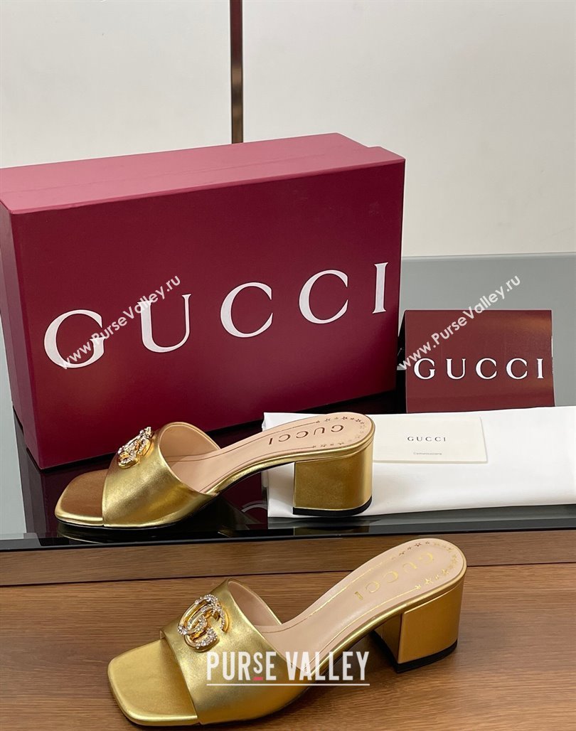 Gucci Leather Heel Slides Sandal 5.5cm with Strass Double G Yellow Gold 2025 817257 (MD-250423033)