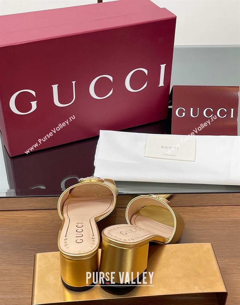 Gucci Leather Heel Slides Sandal 5.5cm with Strass Double G Yellow Gold 2025 817257 (MD-250423033)