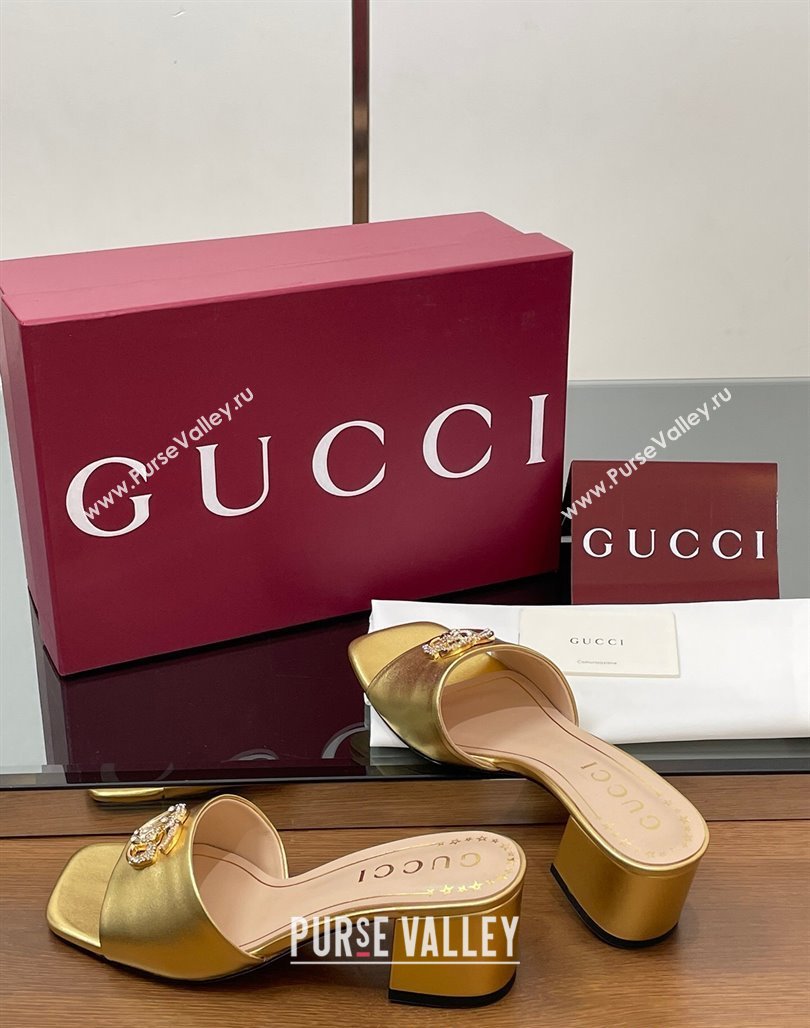 Gucci Leather Heel Slides Sandal 5.5cm with Strass Double G Yellow Gold 2025 817257 (MD-250423033)