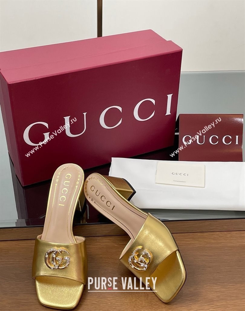 Gucci Leather Heel Slides Sandal 5.5cm with Strass Double G Yellow Gold 2025 817257 (MD-250423033)