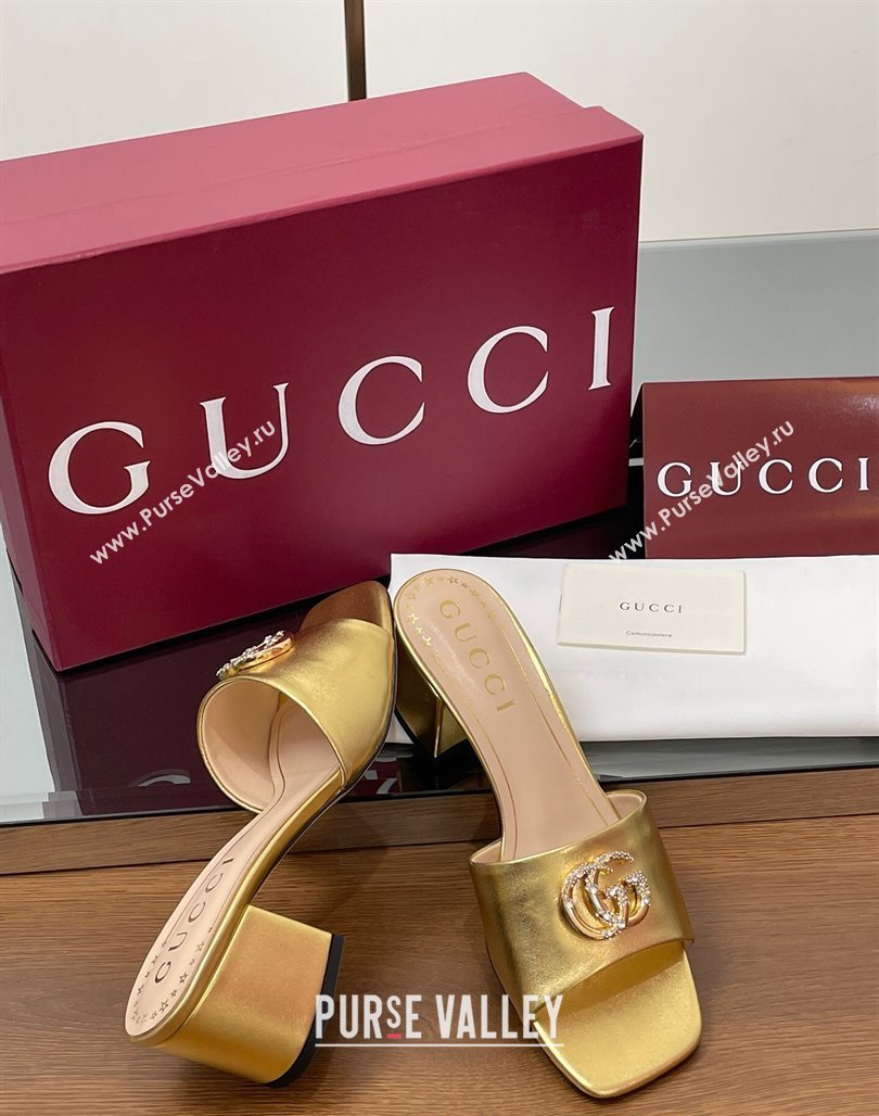Gucci Leather Heel Slides Sandal 5.5cm with Strass Double G Yellow Gold 2025 817257 (MD-250423033)
