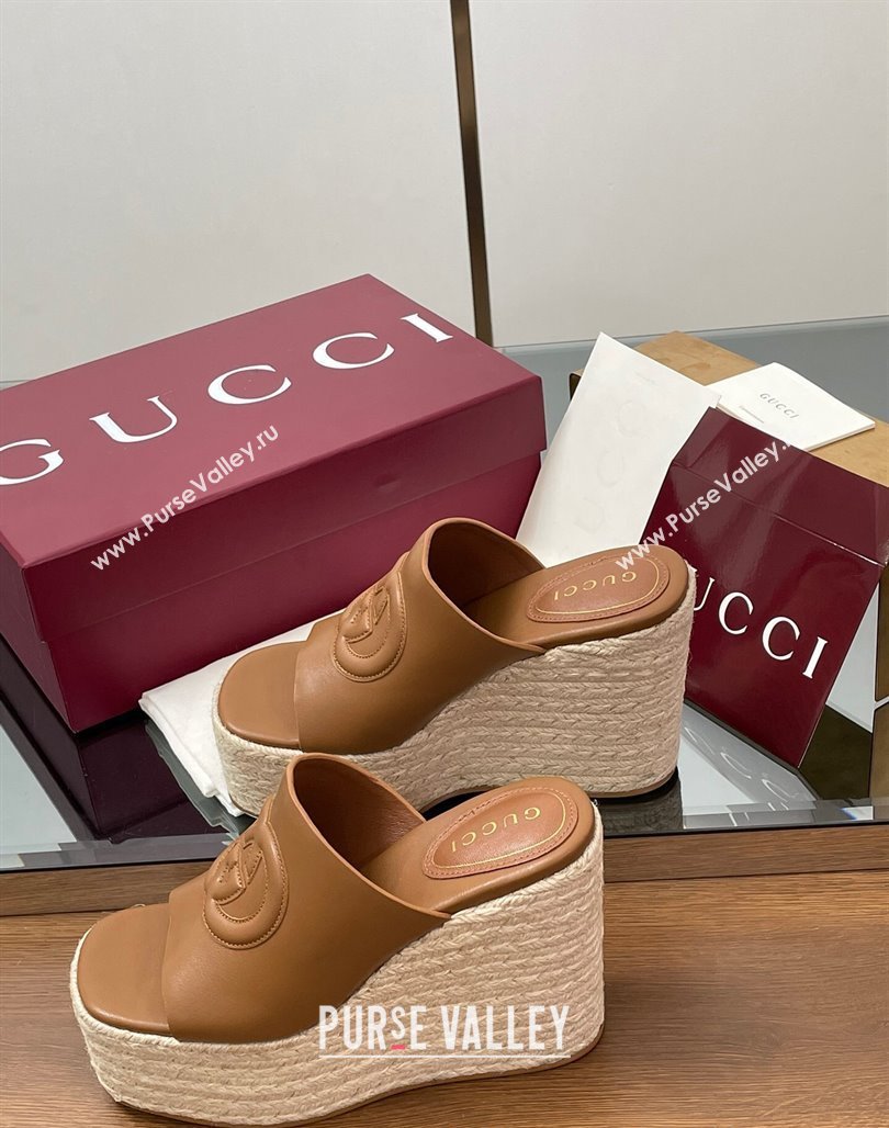 Gucci Leather Interlocking G Wedge Slides Sandal 11cm Brown 2025 817212 (MD-250423009)