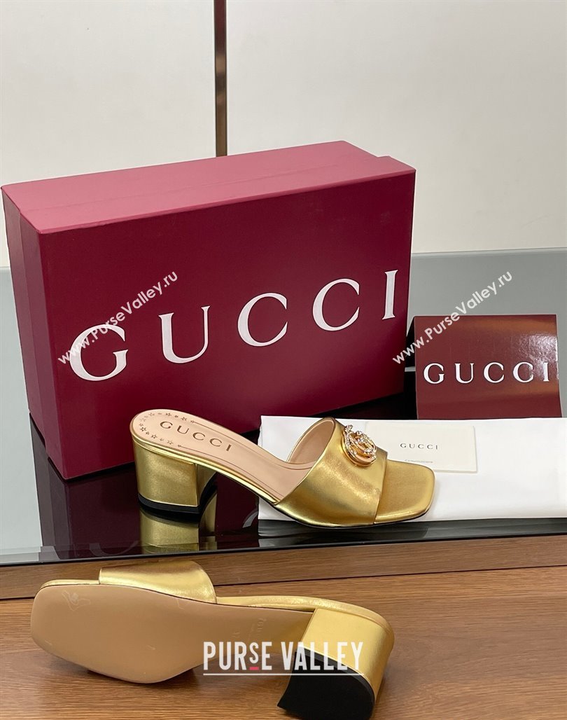Gucci Leather Heel Slides Sandal 5.5cm with Strass Double G Yellow Gold 2025 817257 (MD-250423033)