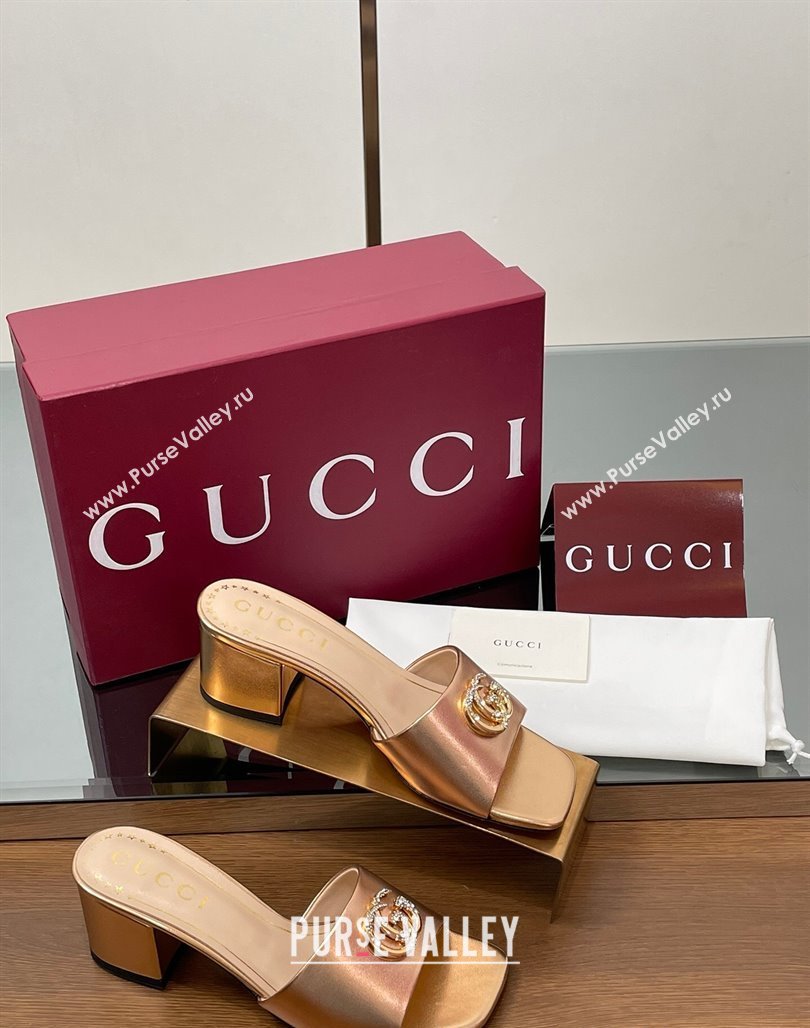 Gucci Leather Heel Slides Sandal 5.5cm with Strass Double G Rose Gold 2025 817257 (MD-250423034)