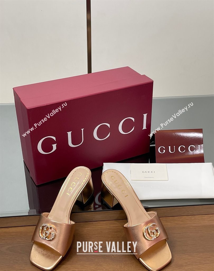 Gucci Leather Heel Slides Sandal 5.5cm with Strass Double G Rose Gold 2025 817257 (MD-250423034)