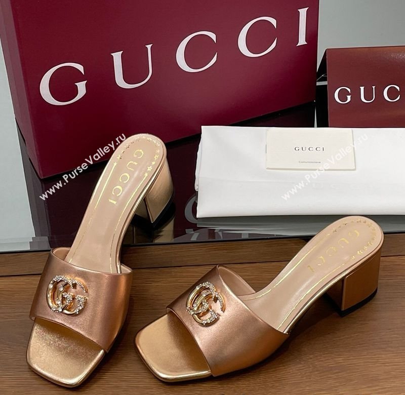 Gucci Leather Heel Slides Sandal 5.5cm with Strass Double G Rose Gold 2025 817257 (MD-250423034)