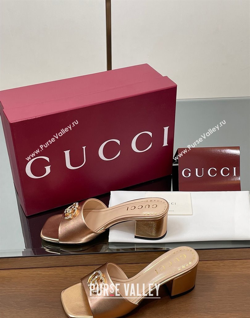 Gucci Leather Heel Slides Sandal 5.5cm with Strass Double G Rose Gold 2025 817257 (MD-250423034)