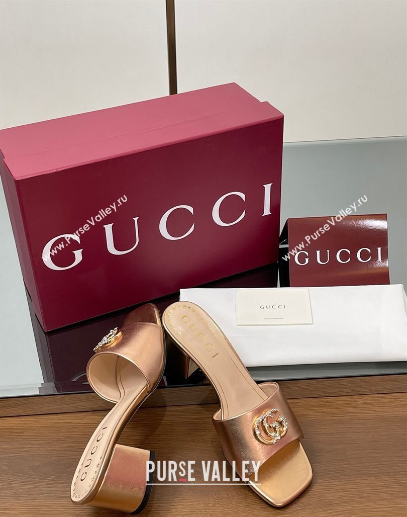 Gucci Leather Heel Slides Sandal 5.5cm with Strass Double G Rose Gold 2025 817257 (MD-250423034)