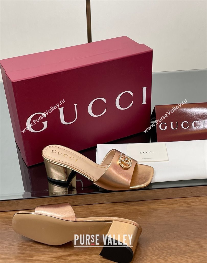 Gucci Leather Heel Slides Sandal 5.5cm with Strass Double G Rose Gold 2025 817257 (MD-250423034)