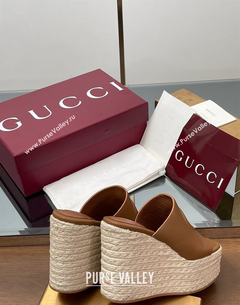 Gucci Leather Interlocking G Wedge Slides Sandal 11cm Brown 2025 817212 (MD-250423009)