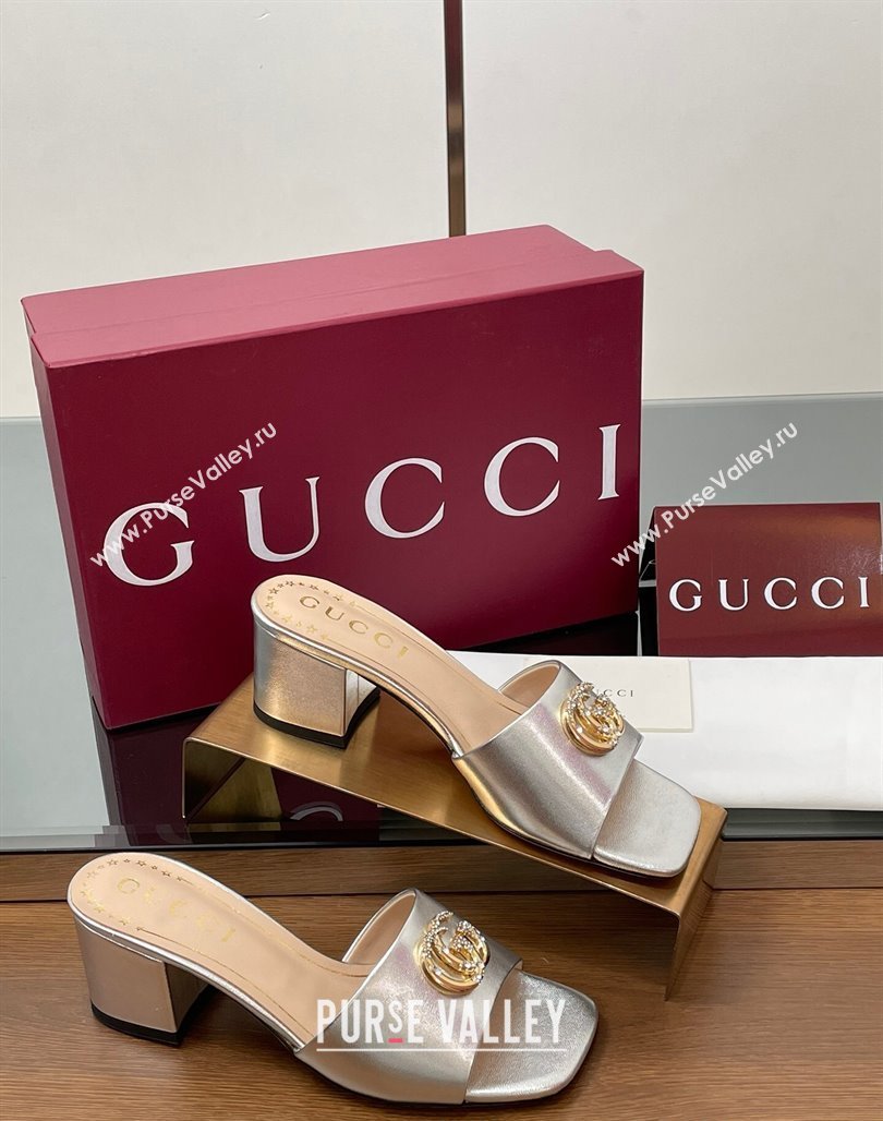 Gucci Leather Heel Slides Sandal 5.5cm with Strass Double G Silver 2025 817257 (MD-250423035)