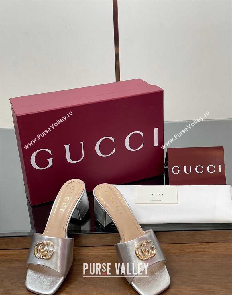 Gucci Leather Heel Slides Sandal 5.5cm with Strass Double G Silver 2025 817257 (MD-250423035)